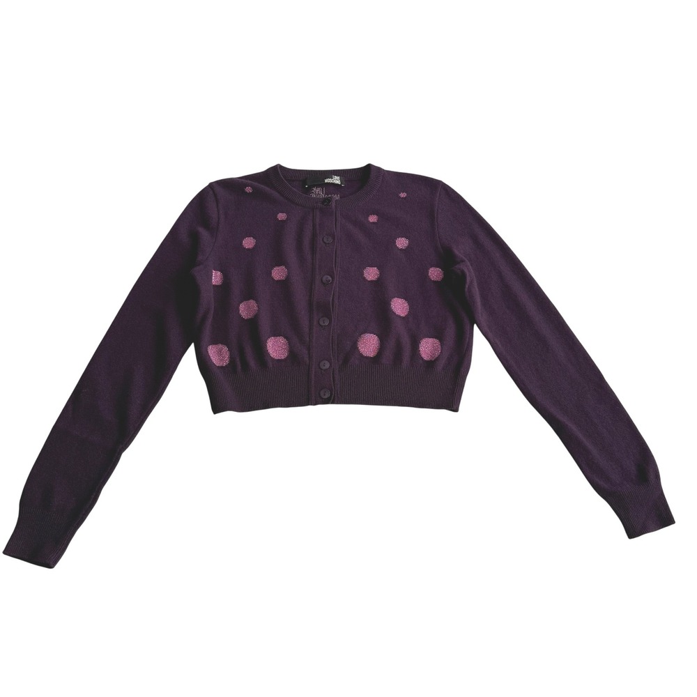Love Moschino Wool Blend Crop Royal Purple Metallic Polkadot Cardigan Sweater S